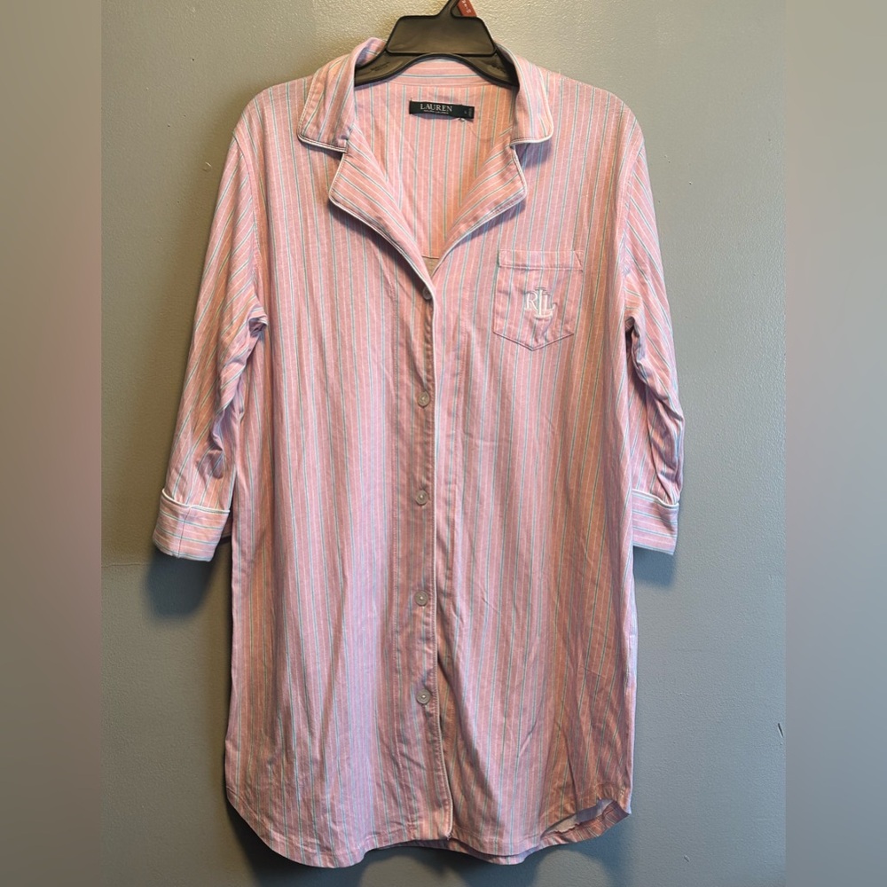 Lauren Ralph Lauren Pink,White & Blue Striped Nite Shirt/ PJ’s. Size large